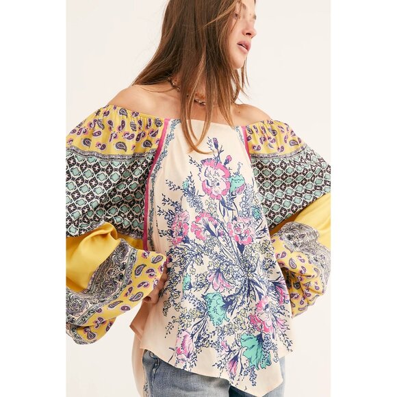Free People Floral & Paisley Off-Shoulder Bohemian Blouse Size M - Picture 2 of 11